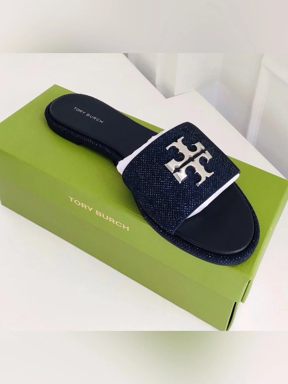 Tory Burch Everly Slide Leather Rhinestones Sandals-Navy New In Box